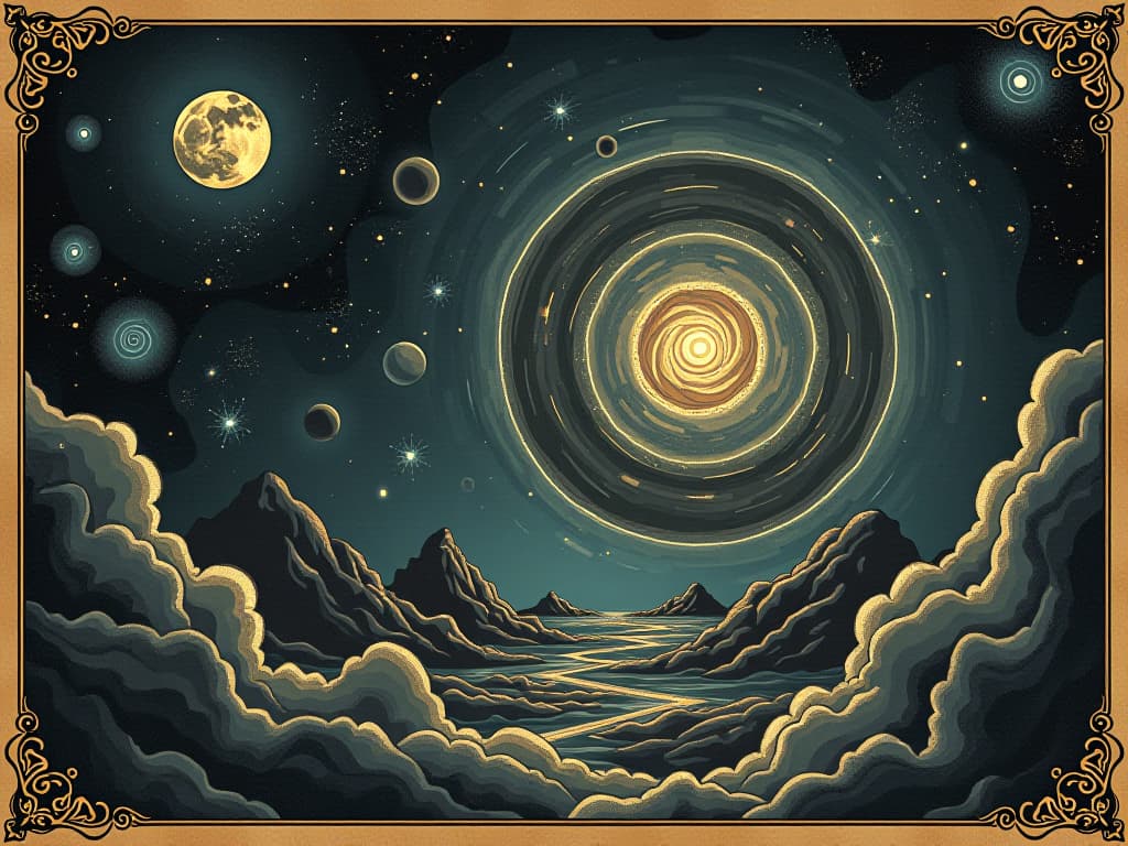  cosmic landscape, galaxies swirling, stars in motion, sense of vastness and infinity. an illustration in the style of a worn, mystical old tarot trump card, mysterious and elements of surrealism. the colors are muted, somber and eerie, but with contrast bring out an occult and esoteric vibe.