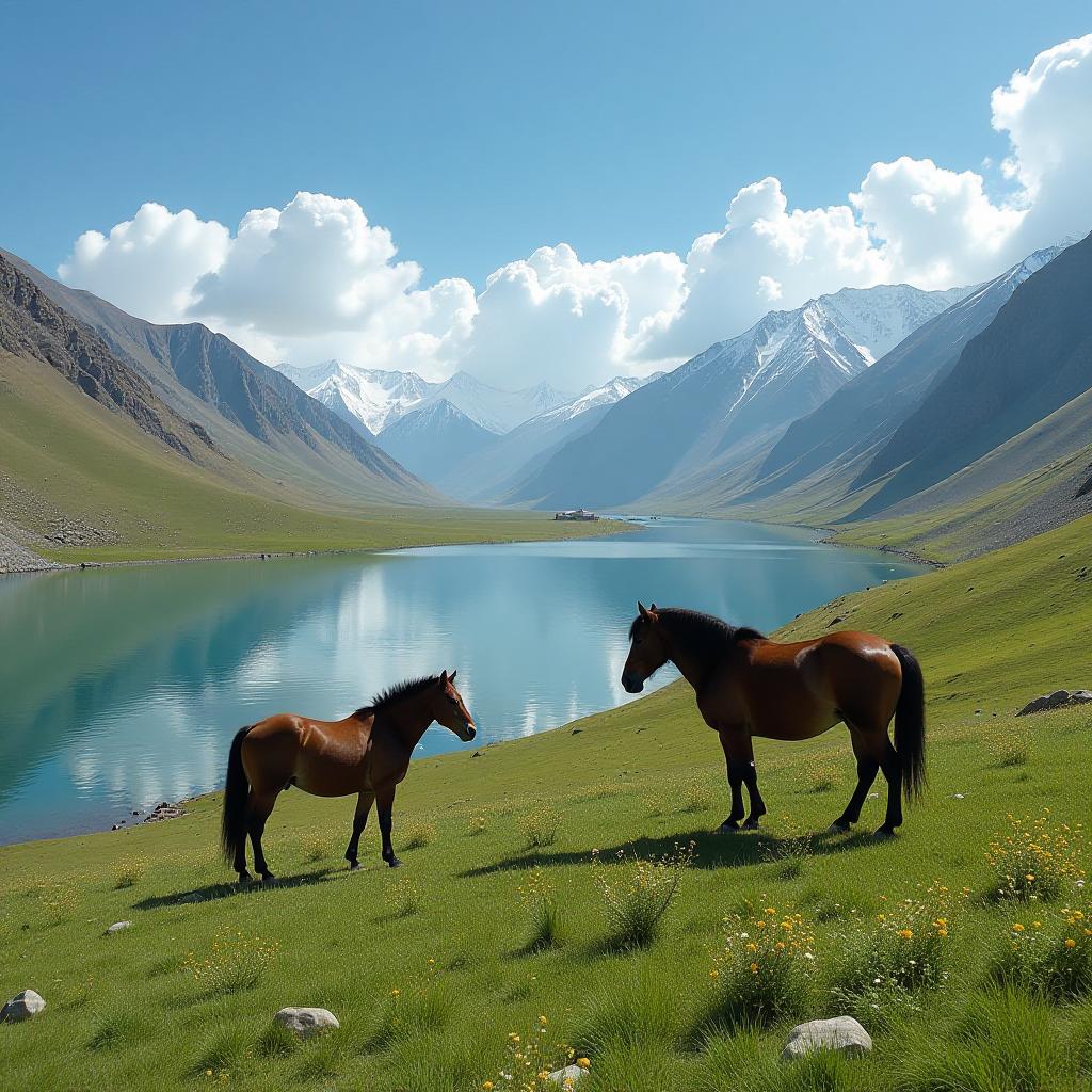  laddakh, in the distance is the rolling snow capped mountains, masjid in side, the sky is blue sky and white clouds, and nearby is a green basin. in the middle of the basin, there is water flowing from the snow capped mountains, which flows into the lake. the lake water is clear to the bottom. there are horses grazing on the grass around the lake. there are wildflowers of various colors on the grass. very beautiful pictures, beautiful, high resolution hyperrealistic, full body, detailed clothing, highly detailed, cinematic lighting, stunningly beautiful, intricate, sharp focus, f/1. 8, 85mm, (centered image composition), (professionally color graded), ((bright soft diffused light)), volumetric fog, trending on instagram, trending on tumblr, HDR 4K, 8K