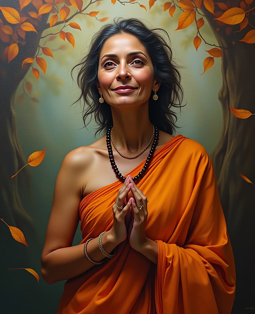  oil painting of an ancient indian bhikshuni sanyasi in orange saree and wear rudraksha neckless on neck and hand, intricate details, among jungle and creature, autumn leaves on air, bare shoulder deep age messy hair beautiful waist