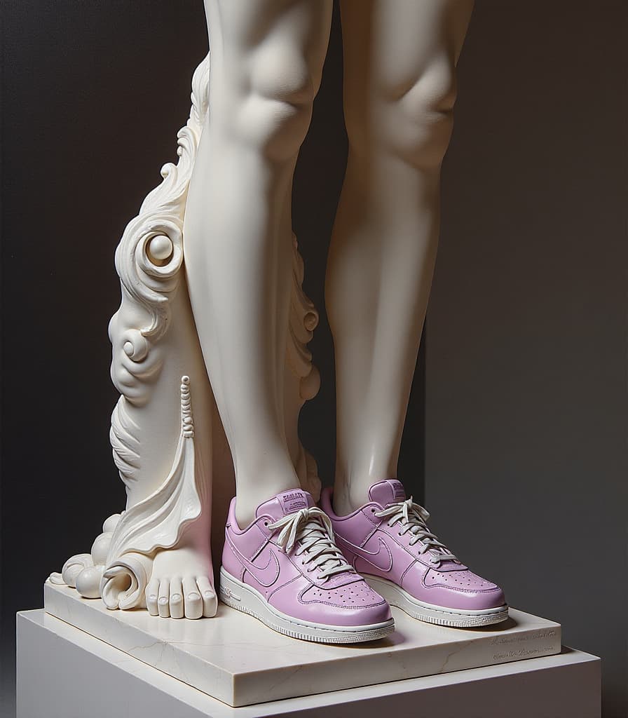  art nouveau style a masterpiece. painting. oil painting.((in museum, ancient greek marble sculpture, work of sculptor myron “discoball” from pallazzo masimo in rome, full length:1.5), on discoball's feet sneakers are sporty, hyper realistic. the particular angle is an intense close up of the sneakers. (neon purple “artgeneration.me” inscription at bottom:1.5)). sneaker advertisement. (advertising poster style. high detail. high quality. high definition:1.5). . elegant, decorative, curvilinear forms, nature inspired, ornate, detailed