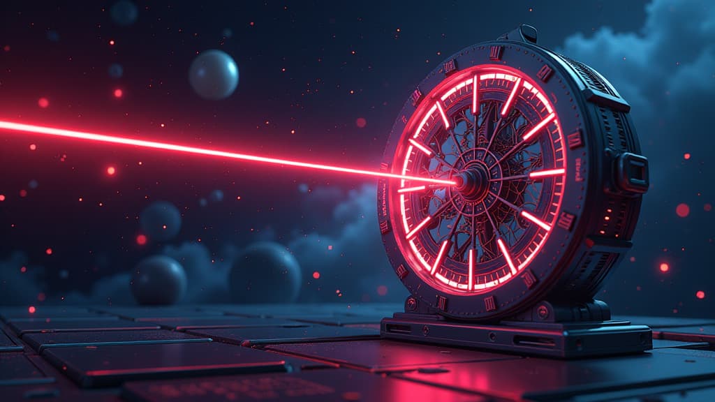  prompt: create a hyper realistic and ultra detailed image showcasing the futuristic technology of a precise laser clock designed for satellites. the scene should feature a sophisticated space themed setting with a large, intricate laser clock at the center, emitting a vibrant and precise laser beam. include elements such as gas cells, quantum physics symbols, and iodine molecules to highlight the advanced technology behind the clock. incorporate satellite navigation and communication devices in