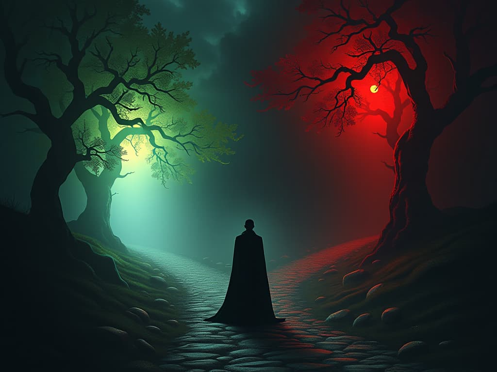  person standing at a crossroads, one path bright and clear with green foliage, other path dark and twisted, symbolizing choice, mood of contemplation.. the style is dark fantasy and mysterious occult, symbolic, moody lighting, esoteric vibe,high detail on character design. for the color scheme emphasize blacks and reds.