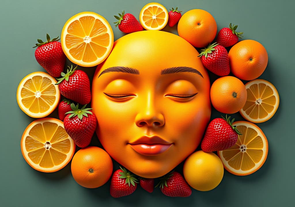  illustration of vitamin c deficiency with a face surrounded by citrus fruits and strawberries