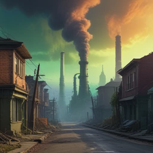 In a dystopian cityscape, towering smokestacks billow toxic fumes into the sky, casting a sickly green glow over the polluted landscape. In the center, a large, amorphous slime creature oozes through the waste-filled streets, its dark, iridescent body pulsating with a eerie glow. Its tendrils reach out, leaving a trail of corrosive decay in its wake. The air is thick with pollution, and the distant silhouettes of ruined buildings loom in the background. fantastical creatures or characters inspired by mythology, folklore, or popular culture. use vibrant colors, sharp lines, intricate details, dynamic poses, dramatic lighting, atmospheric backgrounds, and blend anime, manga, and Western comic influences.