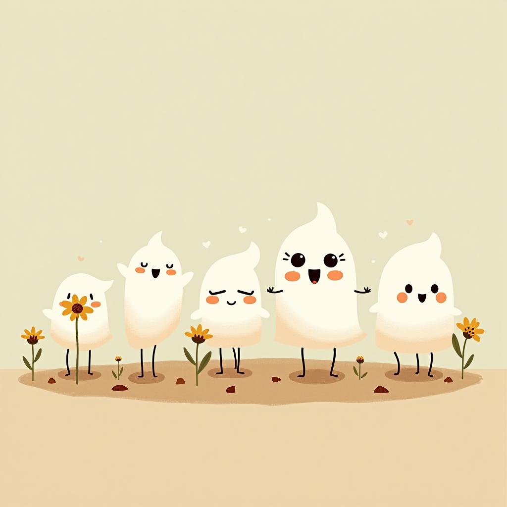  create a digital illustration featuring a row of four or five cute, cartoonish ghost characters, each with a different appearance, standing in different positions within sparse, life like wildflowers.