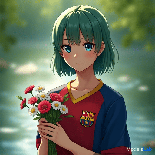  cute anime girl wearing barcelona jersey holding flowers in river her hair is green and her eye is blue pure anime model hyperrealistic, full body, detailed clothing, highly detailed, cinematic lighting, stunningly beautiful, intricate, sharp focus, f/1. 8, 85mm, (centered image composition), (professionally color graded), ((bright soft diffused light)), volumetric fog, trending on instagram, trending on tumblr, HDR 4K, 8K