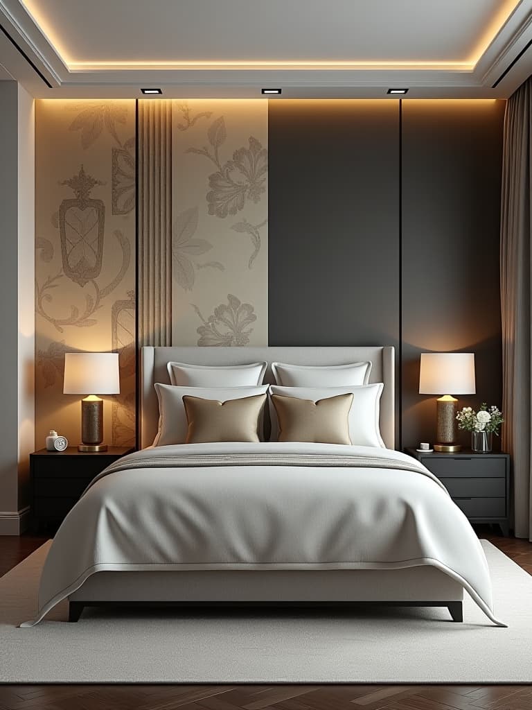  high quality portrait photo of a split screen image of a modern bedroom, one half with elegant wallpaper and the other with sleek painted walls, showcasing the contrast between the two design choices hyperrealistic, full body, detailed clothing, highly detailed, cinematic lighting, stunningly beautiful, intricate, sharp focus, f/1. 8, 85mm, (centered image composition), (professionally color graded), ((bright soft diffused light)), volumetric fog, trending on instagram, trending on tumblr, HDR 4K, 8K