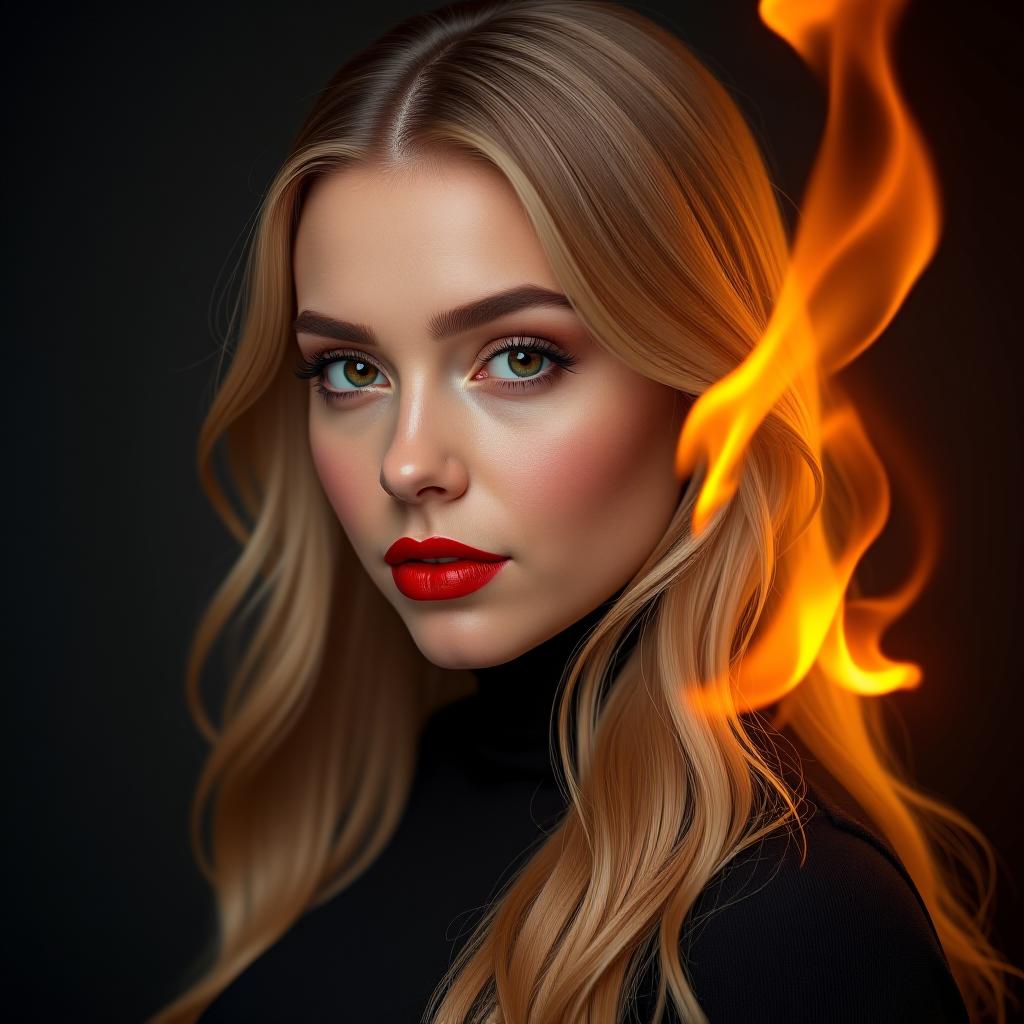  make an image of a woman with blonde hair and brown eyes and red lipstick wearing black with a fireball