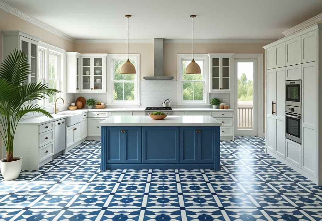  a landscape photo of a bright, airy kitchen with geometric patterned tile flooring in blue and white, featuring a kitchen island with pendant lights, viewed from above hyperrealistic, full body, detailed clothing, highly detailed, cinematic lighting, stunningly beautiful, intricate, sharp focus, f/1. 8, 85mm, (centered image composition), (professionally color graded), ((bright soft diffused light)), volumetric fog, trending on instagram, trending on tumblr, HDR 4K, 8K