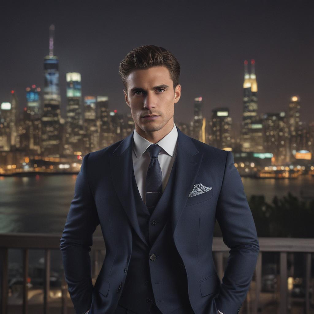 ((masterpiece)),(((best quality))), 8k, high detailed, ultra detailed, handsome man, (intense gaze), (sharp jawline), wearing a tailored suit, (city skyline in the background), (dramatic lighting) hyperrealistic, full body, detailed clothing, highly detailed, cinematic lighting, stunningly beautiful, intricate, sharp focus, f/1. 8, 85mm, (centered image composition), (professionally color graded), ((bright soft diffused light)), volumetric fog, trending on instagram, trending on tumblr, HDR 4K, 8K