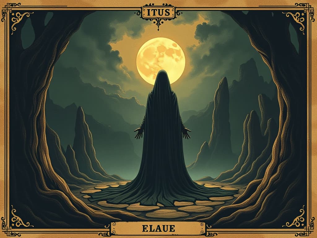  process of cleansing, gradual clearing of darkness, light breaking through, progressive and hopeful. an illustration in the style of a worn, mystical old tarot trump card, mysterious and elements of surrealism. the colors are muted, somber and eerie, but with contrast bring out an occult and esoteric vibe.