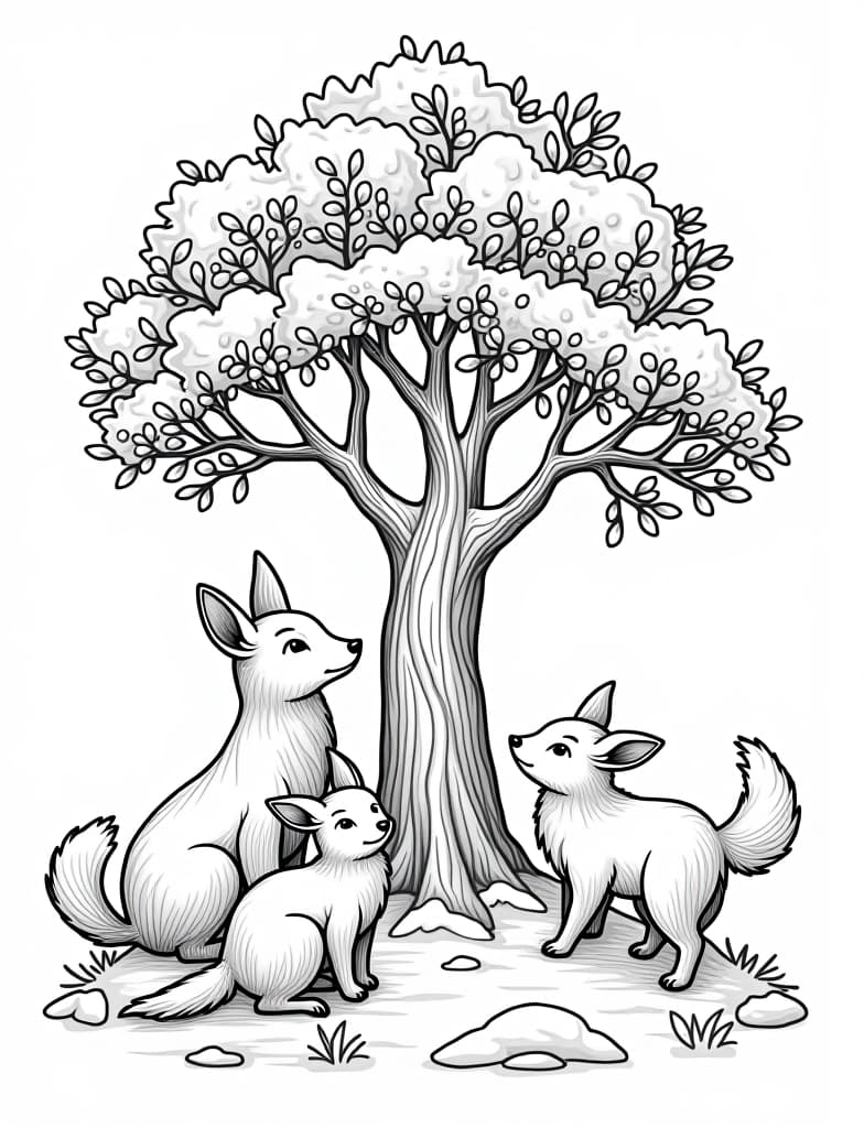  this is for an adult coloring page. a detailed black and white line art of a snowy woodland animals gathering around a tree decorated with berries on a solid white background.