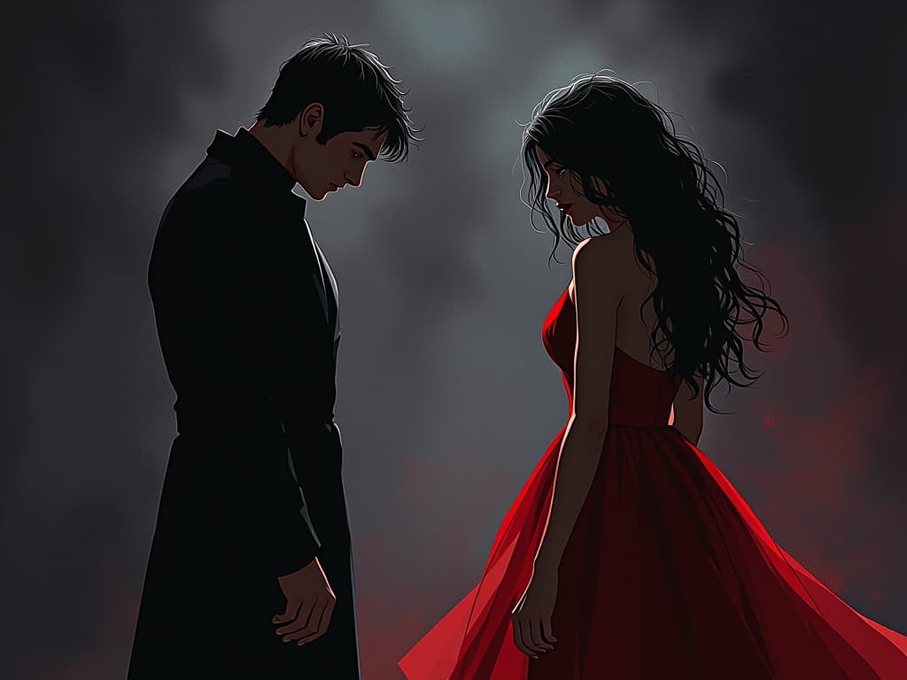  couple arguing, woman in red dress turned away, man in despair, atmosphere of tension. the style is digital art illustration / modern comic book / graphic dark novel fantasy and mysterious occult, symbolic, moody lighting, esoteric vibe,high detail on character design. for the color scheme emphasize blacks and reds.