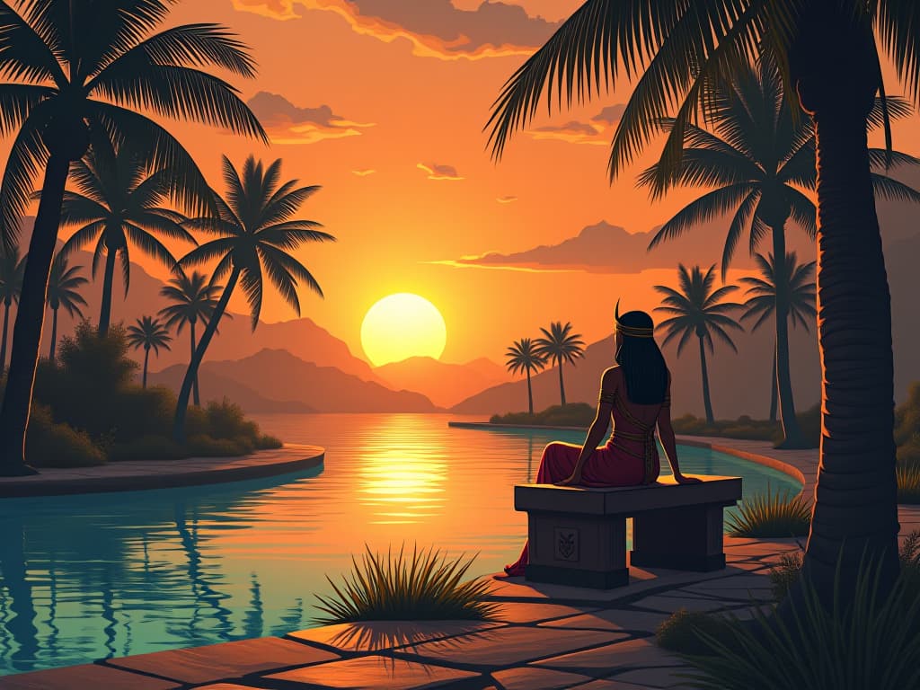  a serene oasis at sunset, palm trees, clear water reflecting the golden sky, an ancient stone bench, aura of peace and rejuvenation, inviting solitude. the style is digital art illustration / modern comic book / mysterious occult, symbolic, esoteric vibe,high detail on character design, incorporating ancient egyptian symbology and attire.