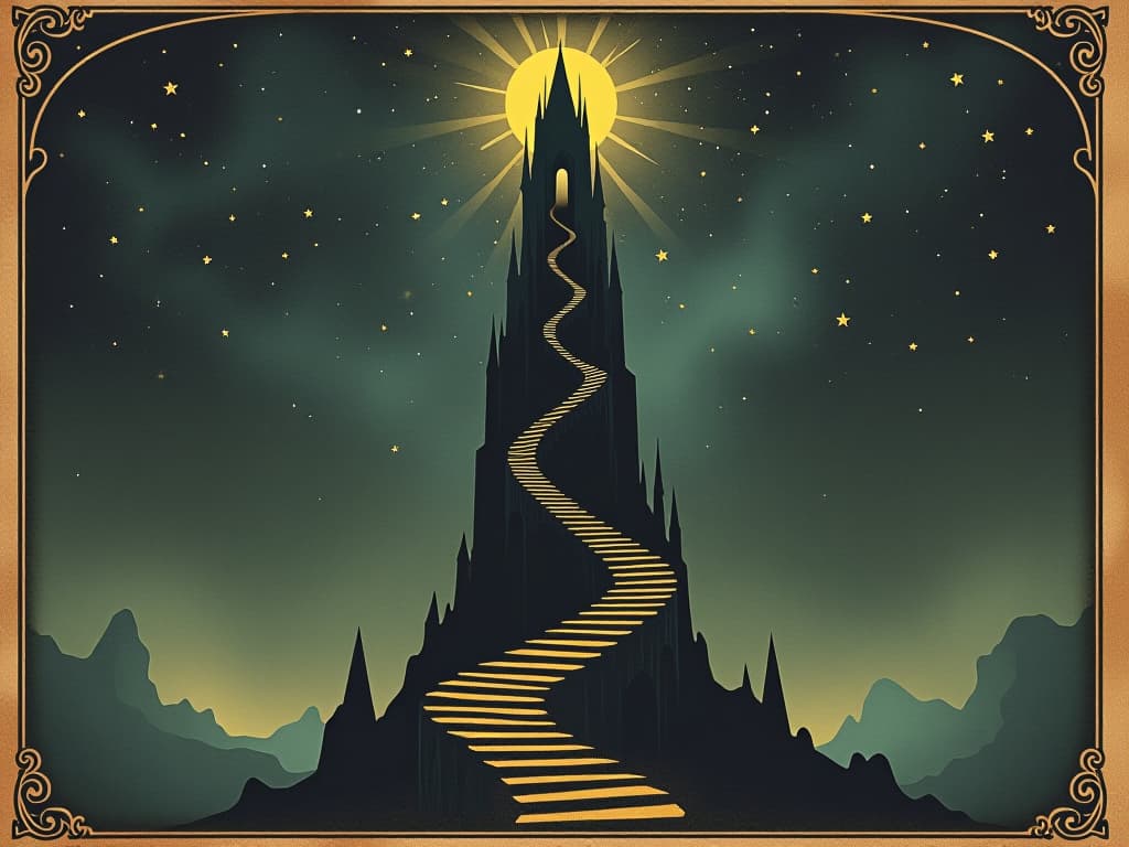  a tall, ancient tower reaching up to the stars, spiral staircase winding around it, each step glowing, stars above. an illustration in the style of a worn, mystical old tarot trump card, mysterious and elements of surrealism. the colors are muted, somber and eerie, but with contrast bring out an occult and esoteric vibe.