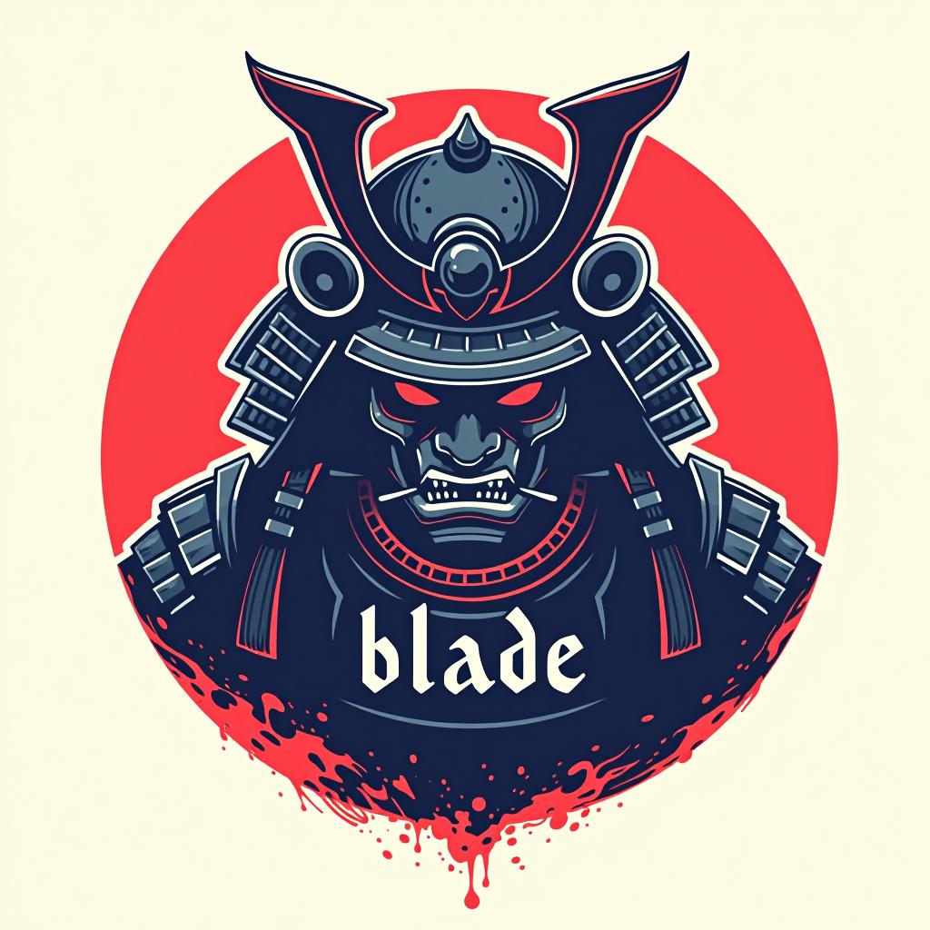  design a logo, emblem logo, with the written text ‘blade’, samurai theme, red and blue.