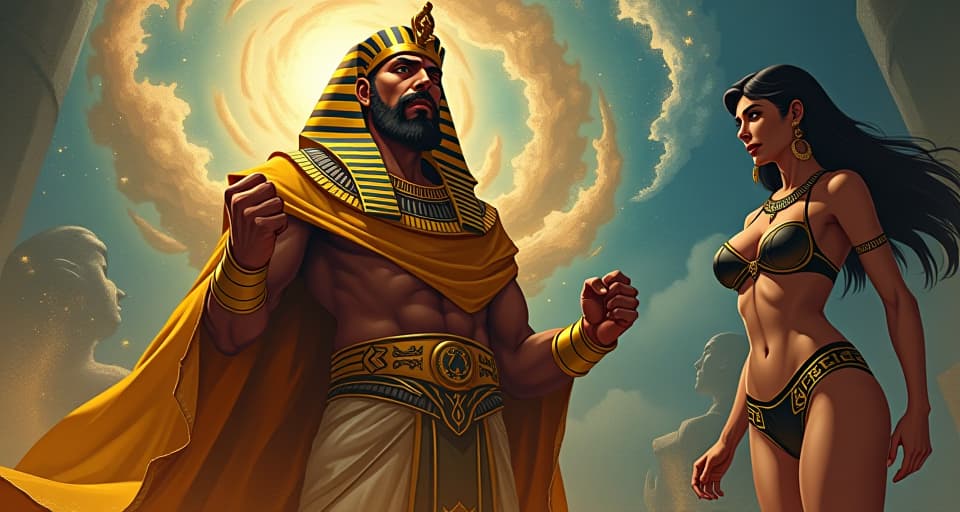  pharaoh in golden robes, looking frustrated, clenched fists, surrounded by swirling cosmic energies, large busted goddess in tight attire observing, atmosphere of futile control. the style is digital art illustration / modern comic book / mysterious occult, symbolic, esoteric vibe,high detail on character design, incorporating ancient egyptian symbology and attire.