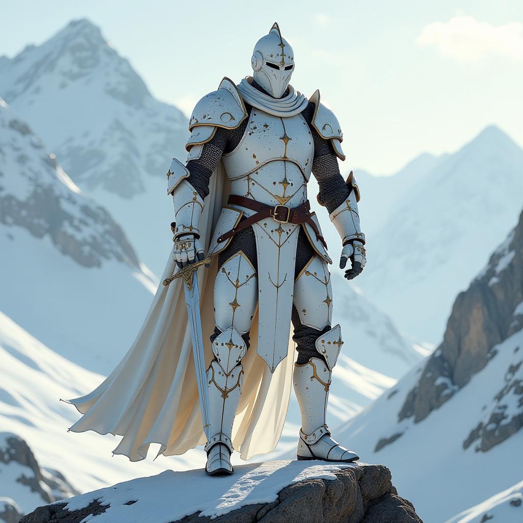  huge knight, wearing a closed face helmet and crown, in white metal futuristic scuffed armor, in patina, stands facing the camera on a rock, in mountains and snows flooded with sunlight, and holds a sword in his right hand, realistic image, high quality, high quality, high details, hd, perfect composition, 4k epic detailed, highly detailed, sharp focus, high resolution