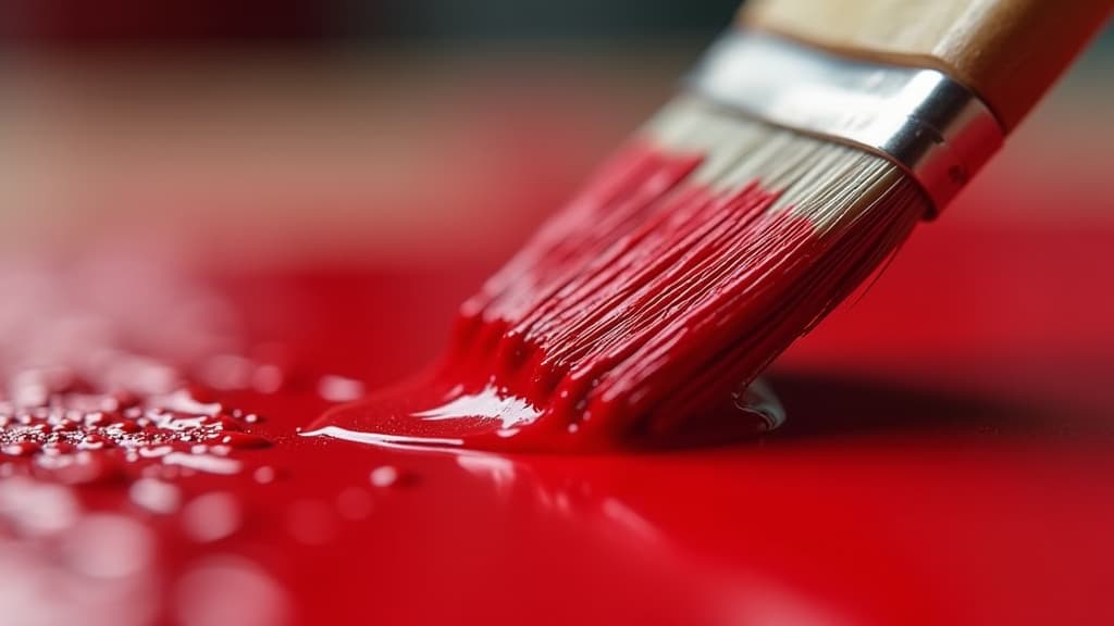  a close up of a paintbrush dipped in red paint, capturing the texture and vibrant color of the paint., high quality, high details, hd, perfect composition, 4k epic detailed, highly detailed, sharp focus, high resolution