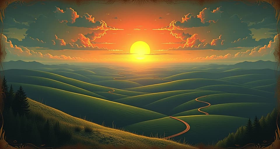  a vast horizon with a rising sun, numerous paths weaving through a lush landscape, endless sky, sense of infinite possibilities, hopeful, expansive. an illustration in the style of a worn, mystical old tarot trump card, mysterious and elements of surrealism. the colors are muted, somber and eerie, but with contrast bring out an occult and esoteric vibe.