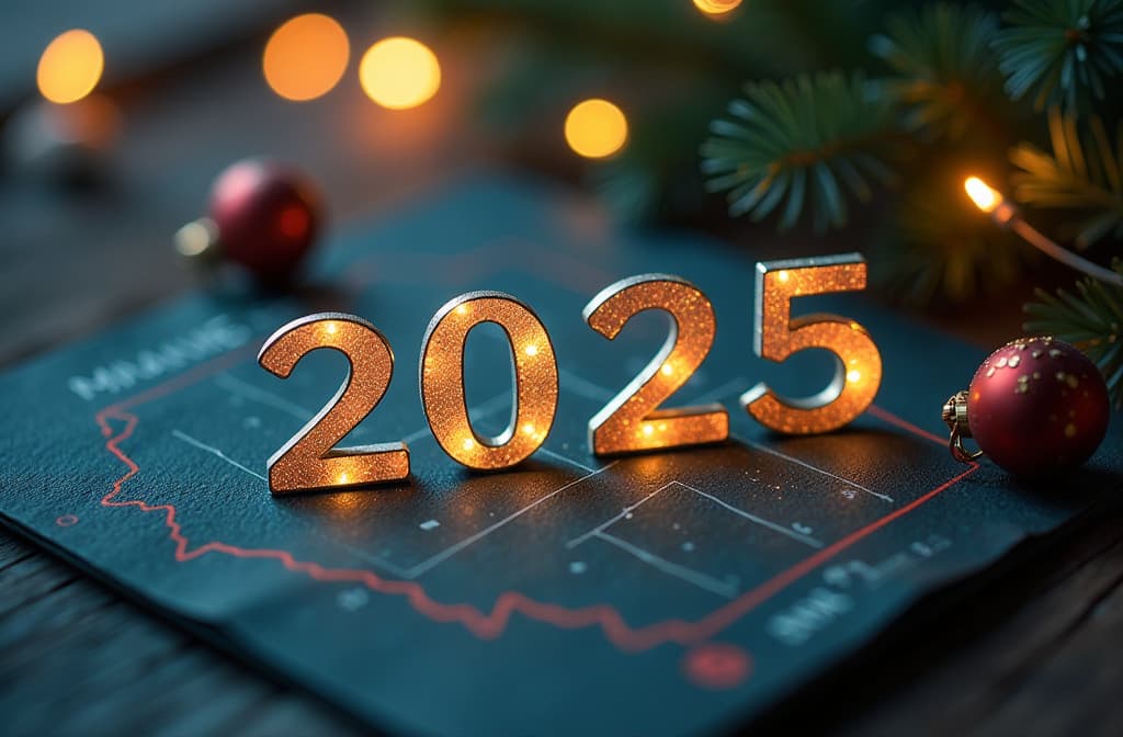  professional detailed photography, christmas background on the theme of finance with a top view with the numbers “2025” , (muted colors, dim colors, soothing tones), (vsco:0.3)