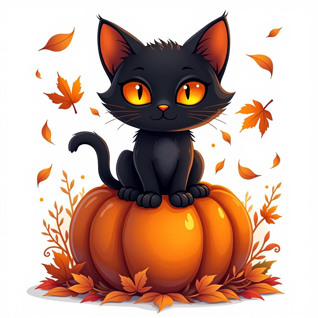  a cute black cat with glowing eyes sitting on a pumpkin, surrounded by swirling autumn leaves in a whimsical style, with warm, moody lighting. t shirt design, vector, contour, white background, no mockup hyperrealistic, full body, detailed clothing, highly detailed, cinematic lighting, stunningly beautiful, intricate, sharp focus, f/1. 8, 85mm, (centered image composition), (professionally color graded), ((bright soft diffused light)), volumetric fog, trending on instagram, trending on tumblr, HDR 4K, 8K