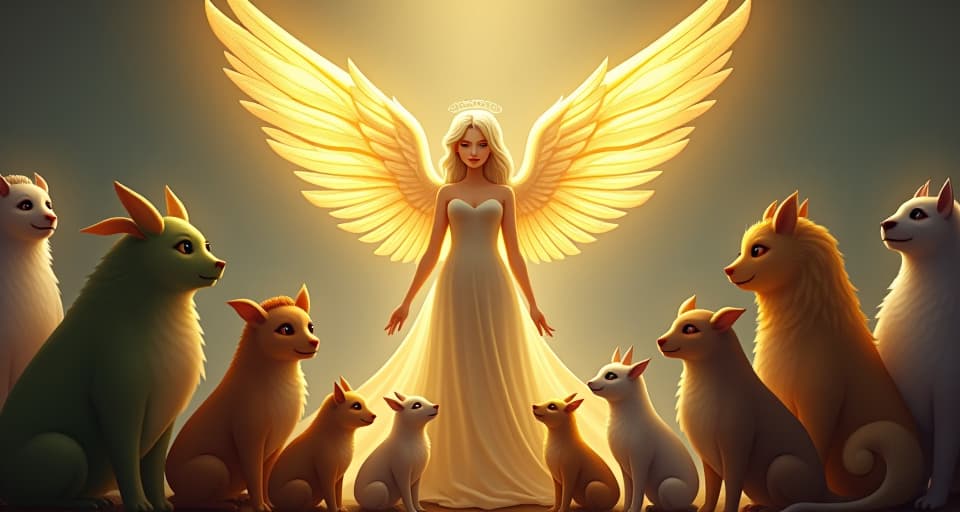  an ethereal angel with glowing wings standing before a group of various magical creatures. each creature's expression softening as golden light emanates from her, unity, collective understanding.. the style is digital art illustration,highly detailed, whimsical,magical, dreamlike atmosphere, realism and fantasy blend, smooth, glossy textures,luminous quality, wonder and enchantment.