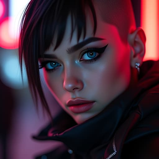  ultra realistic close up portrait ((beautiful pale cyberpunk female with heavy black eyeliner)), blue eyes, shaved side haircut, hyper detail, cinematic lighting, magic neon, dark red city, canon eos r3, nikon, f/1.4, iso 200, 1/160s, 8k, raw, unedited, symmetrical balance, in frame, 8k hyperrealistic, full body, detailed clothing, highly detailed, cinematic lighting, stunningly beautiful, intricate, sharp focus, f/1. 8, 85mm, (centered image composition), (professionally color graded), ((bright soft diffused light)), volumetric fog, trending on instagram, trending on tumblr, HDR 4K, 8K