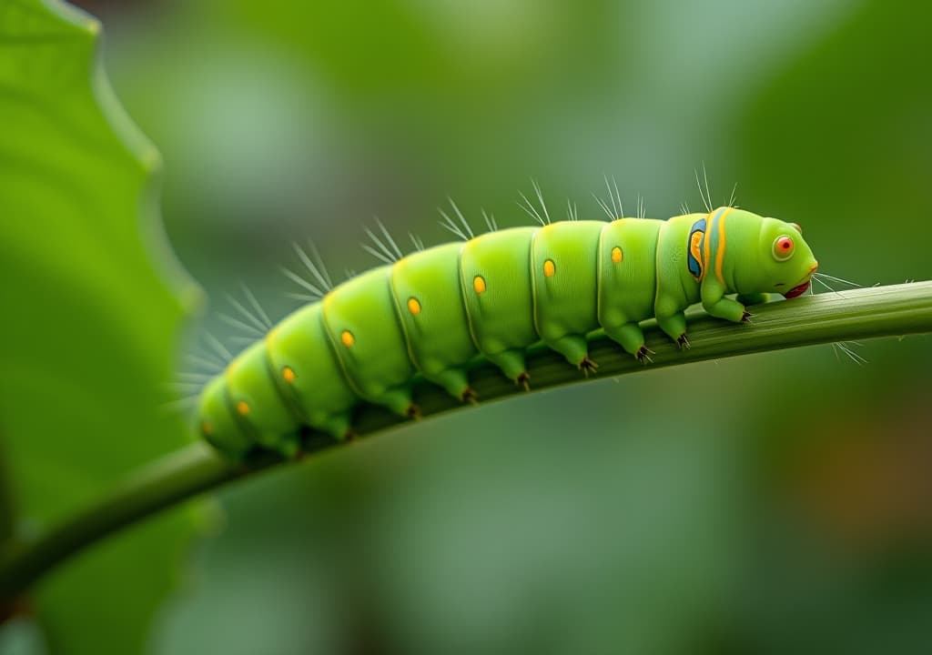  vibrant green caterpillar crawling along a lush plant stem in a beautiful garden