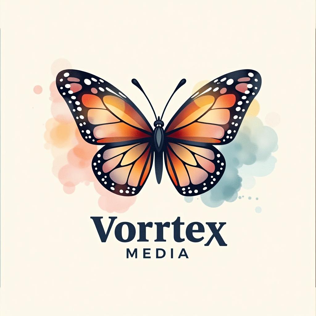  design a logo, watercolor style, logo of a butterfly, beautiful colors, with the text 'vortex media'.