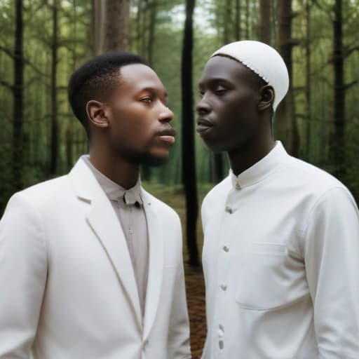 Two man’s in the forest. Two friends. First - Black man not from Afrika. Second - white man from Africa in Surrealist style