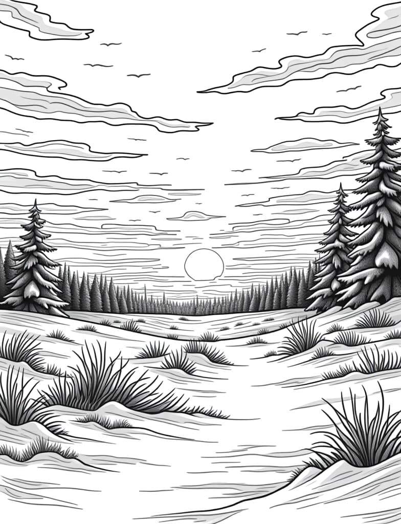  this is for an adult coloring page. a detailed black and white line art of a snowy winter sunset over a snow covered field on a solid white background.