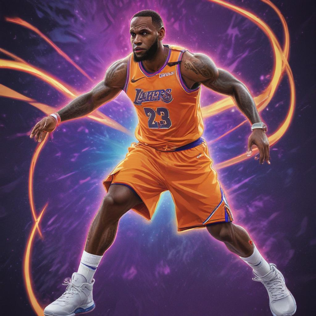 distance-shot, flashy, full-body, dynamic, holographic, animated cartoon poster of lebron james in the style of dragon ball super