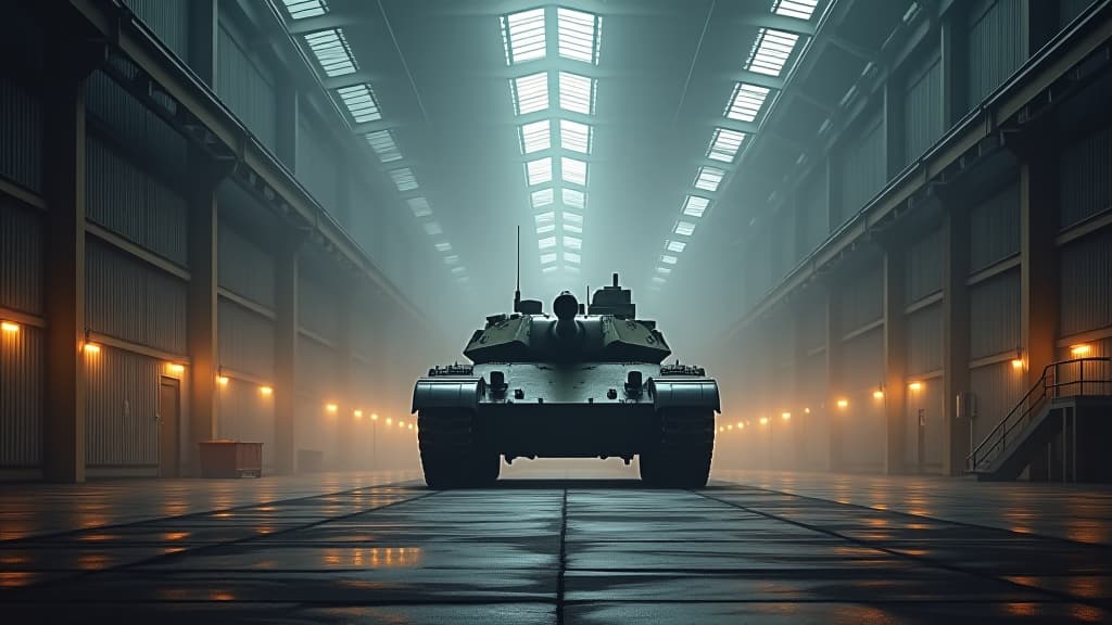  a formidable tank stands ready within the vast confines of an industrial warehouse