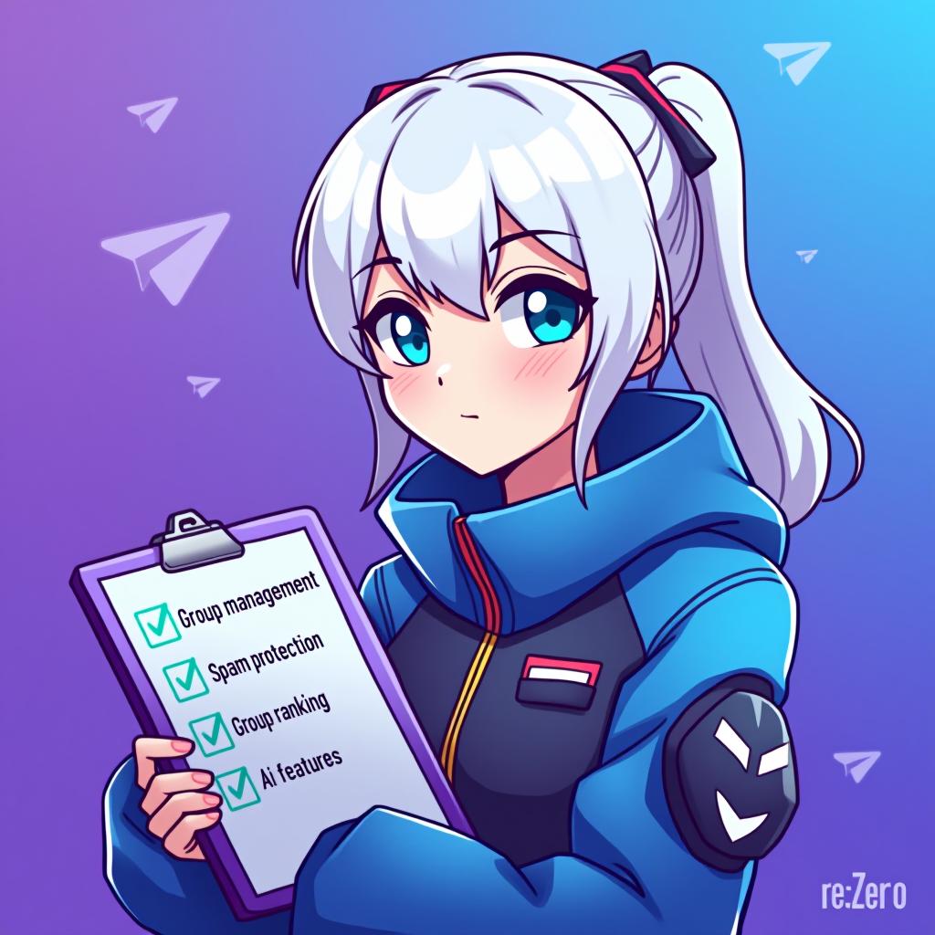  good quality, high quality, a profile picture for a telegram group management bot featuring emilia from re:zero. emilia is depicted with her silver hair and blue eyes, holding a stylized clipboard with a checklist. checklist in "group mangement" "spam protection" "group ranking" "ai features", the background is a soft gradient of telegram logo purple and blue, symbolizing efficiency and organization. the telegram iconic logo is subtly integrated into the background, starting small near emilia and gradually growing in size and brightness as it moves outward, blending smoothly with the gradient color,