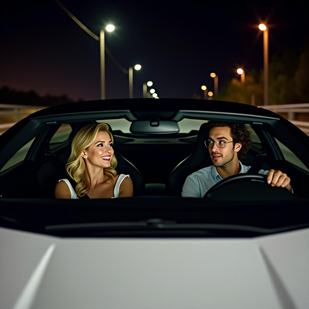  make an image of a blonde woman in the drivers seat with a man with curly hair driving at night in a white lamborghini