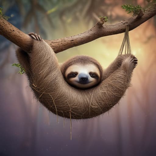 A sleepy sloth hanging from a fantastical, abstract tree branch. with Binary background