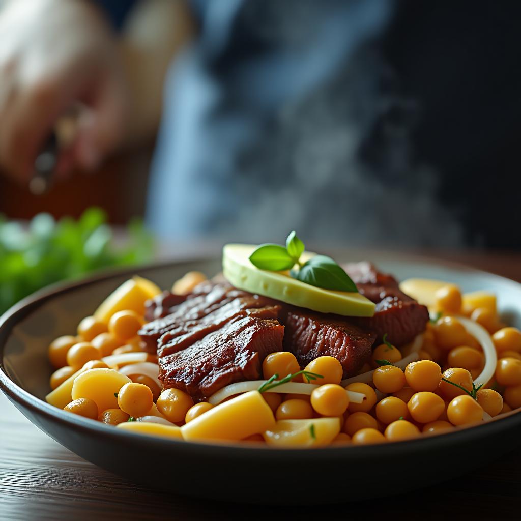  a visual of a dish made using chickpeas, avocado, banana, steak, onion, and pasta. the visual should include all ingredients, but it should be a dish that is a mixture of all ingredients. hyperrealistic, full body, detailed clothing, highly detailed, cinematic lighting, stunningly beautiful, intricate, sharp focus, f/1. 8, 85mm, (centered image composition), (professionally color graded), ((bright soft diffused light)), volumetric fog, trending on instagram, trending on tumblr, HDR 4K, 8K