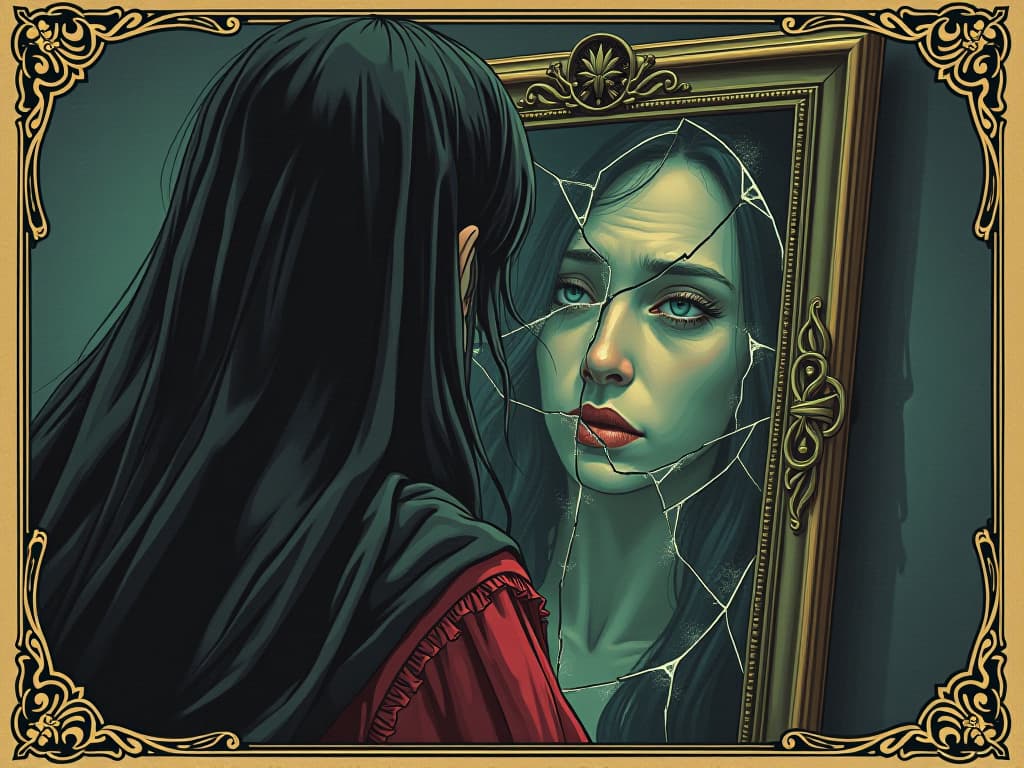  a person looking into a cracked mirror, fragmented reflection, sorrowful look, intricate frame, ethereal glow, melancholy.. an illustration in the style of a worn, mystical old tarot trump card, mysterious and elements of surrealism. the colors are muted, somber and eerie, but with contrast bring out an occult and esoteric vibe.