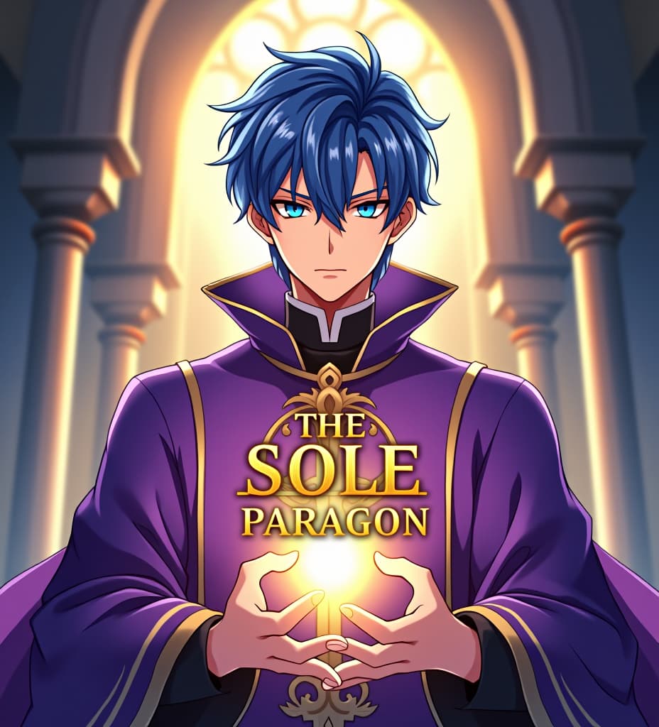  anime, anime sytle, anime image, cartoon, real cartoon, real anime, a captivating anime style cover tittled with the text “the sole paragon” by noan knight in golden letters in the middle. the central figure is a handsome young priest with blue hair and blue eyes, wearing a stunning purple and golden priestly robe. he gazes intensely at the viewer, his hands illuminated by a golden halo of light. the background is an cathedral reminiscent of a manhwa or anime poster.