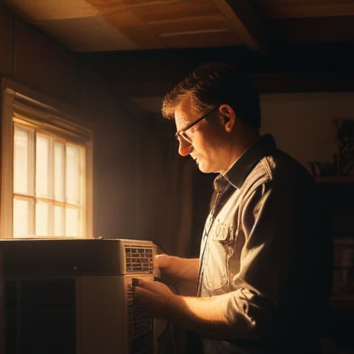 A photo of a professional HVAC technician inspecting an air conditioning unit in a cozy attic space during early evening with warm, golden sunlight filtering through a small window, casting intriguing shadows on the intricately designed machinery.