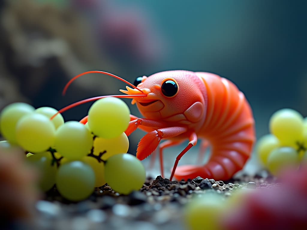  a colorless shrimp on the seabed smiles happily while eating green grapes. cartoon style. colorful. firooze hyperrealistic, full body, detailed clothing, highly detailed, cinematic lighting, stunningly beautiful, intricate, sharp focus, f/1. 8, 85mm, (centered image composition), (professionally color graded), ((bright soft diffused light)), volumetric fog, trending on instagram, trending on tumblr, HDR 4K, 8K