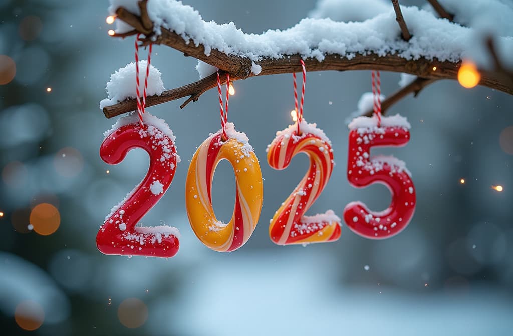  «2025» candy letters hanging on snowy xmas tree branch, blurred outdoors christmas background {prompt}, maximum details