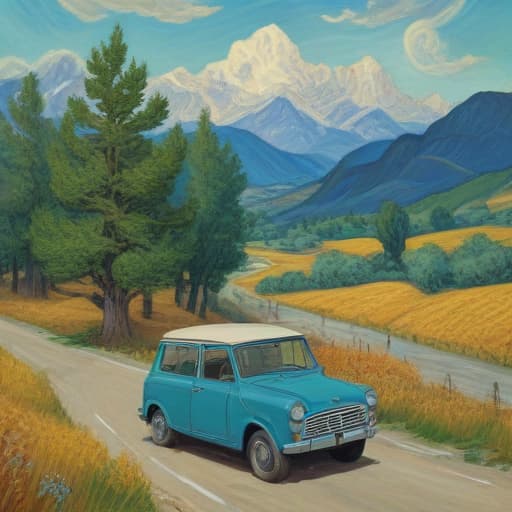 Mountains, trees, field, winding road, car in Van Gogh style with Mountains background