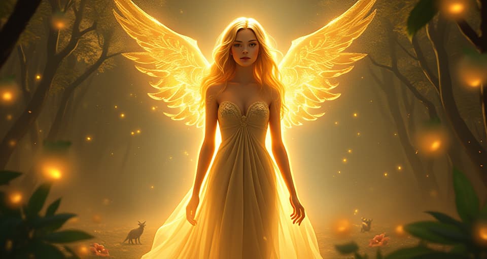  portrait of an ethereal being with a golden aura, standing in a light filled garden. her attire is glowing and flowing, surrounded by magical creatures reflecting her light, atmosphere of irreplaceable power.. the style is digital art illustration,highly detailed, whimsical,magical, dreamlike atmosphere, realism and fantasy blend, smooth, glossy textures,luminous quality, wonder and enchantment.