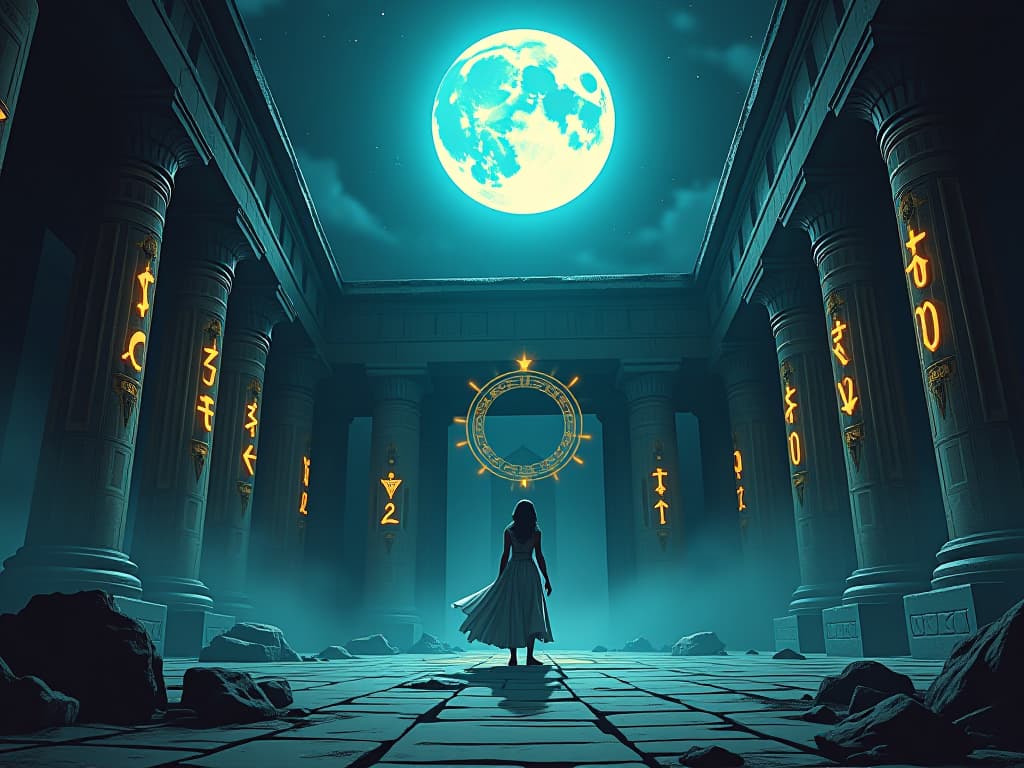  an ancient temple submerged in moonlight, mystical symbols glowing on the walls, representing the full moon's powerful invitation to transform. the style is digital art illustration / modern comic book / mysterious occult, symbolic, esoteric vibe,high detail on character design, incorporating ancient egyptian symbology and attire.