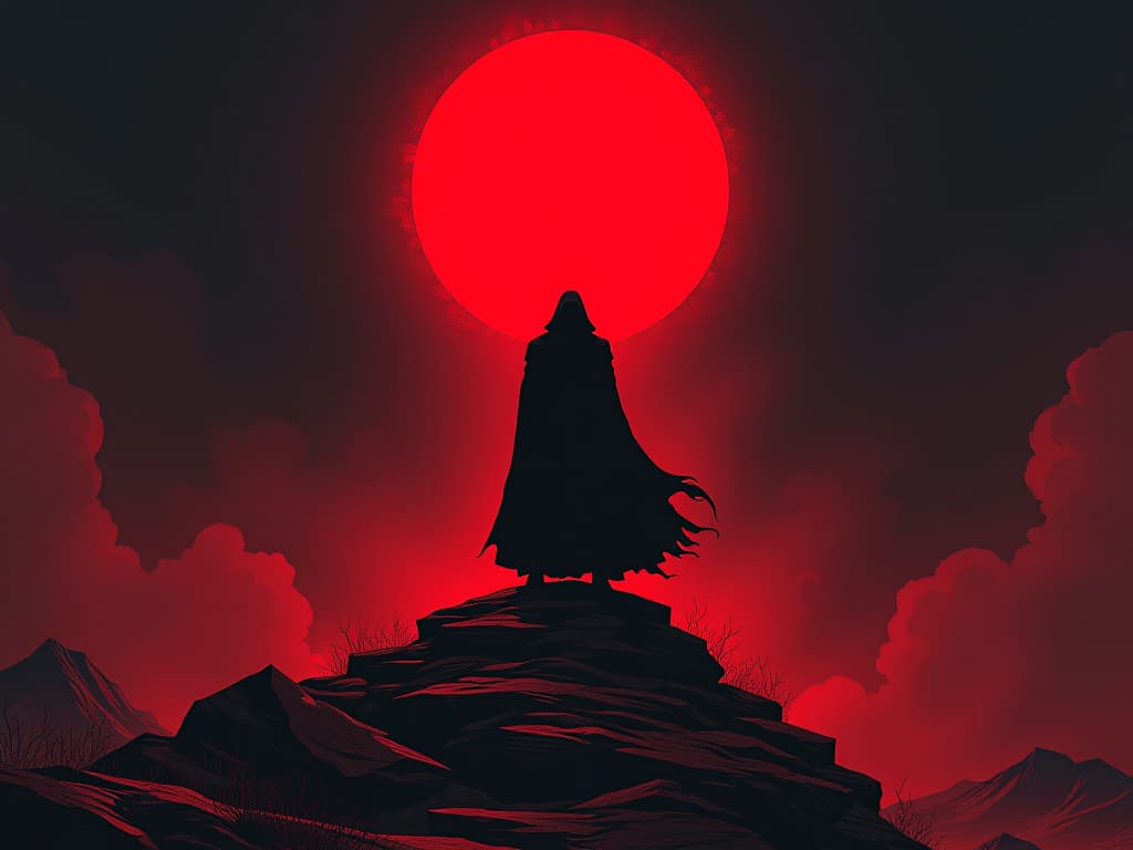  person in red, standing atop a solid foundation, unwavering stance, symbol of steadfast principles. the style is digital art illustration / modern comic book / graphic dark novel fantasy and mysterious occult, symbolic, moody lighting, esoteric vibe,high detail on character design. for the color scheme emphasize blacks and reds.