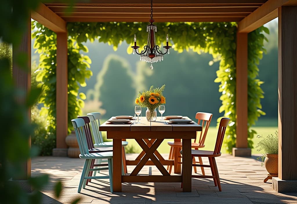  a landscape photo of a charming outdoor dining area featuring a rustic table made from reclaimed wood, surrounded by mismatched vintage chairs painted in pastel colors, with a homemade chandelier hanging from a pergola hyperrealistic, full body, detailed clothing, highly detailed, cinematic lighting, stunningly beautiful, intricate, sharp focus, f/1. 8, 85mm, (centered image composition), (professionally color graded), ((bright soft diffused light)), volumetric fog, trending on instagram, trending on tumblr, HDR 4K, 8K