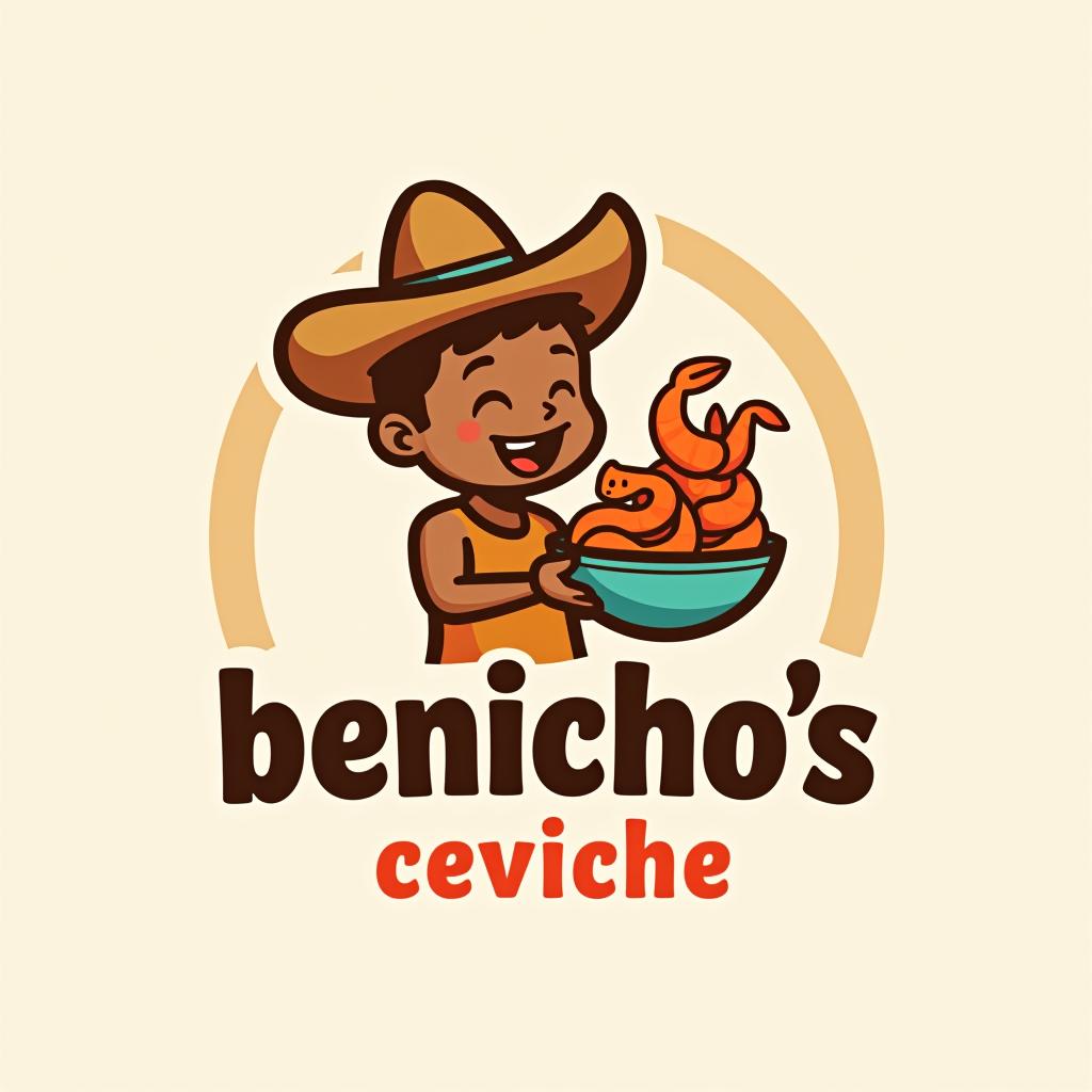  design a logo, mexican brown kid holding bowl of shrimp , with the text 'benicho’s ceviche '.