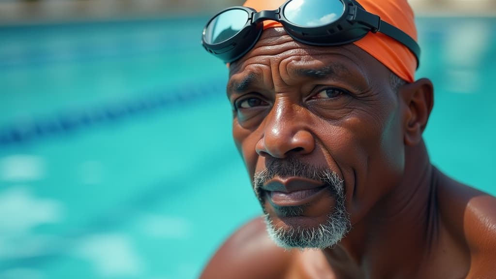  elderly african american man wearing swimming goggles and pool cap against swimming pool background ar 16:9, (natural skin texture), highly detailed face, depth of field, hyperrealism, soft light, muted colors